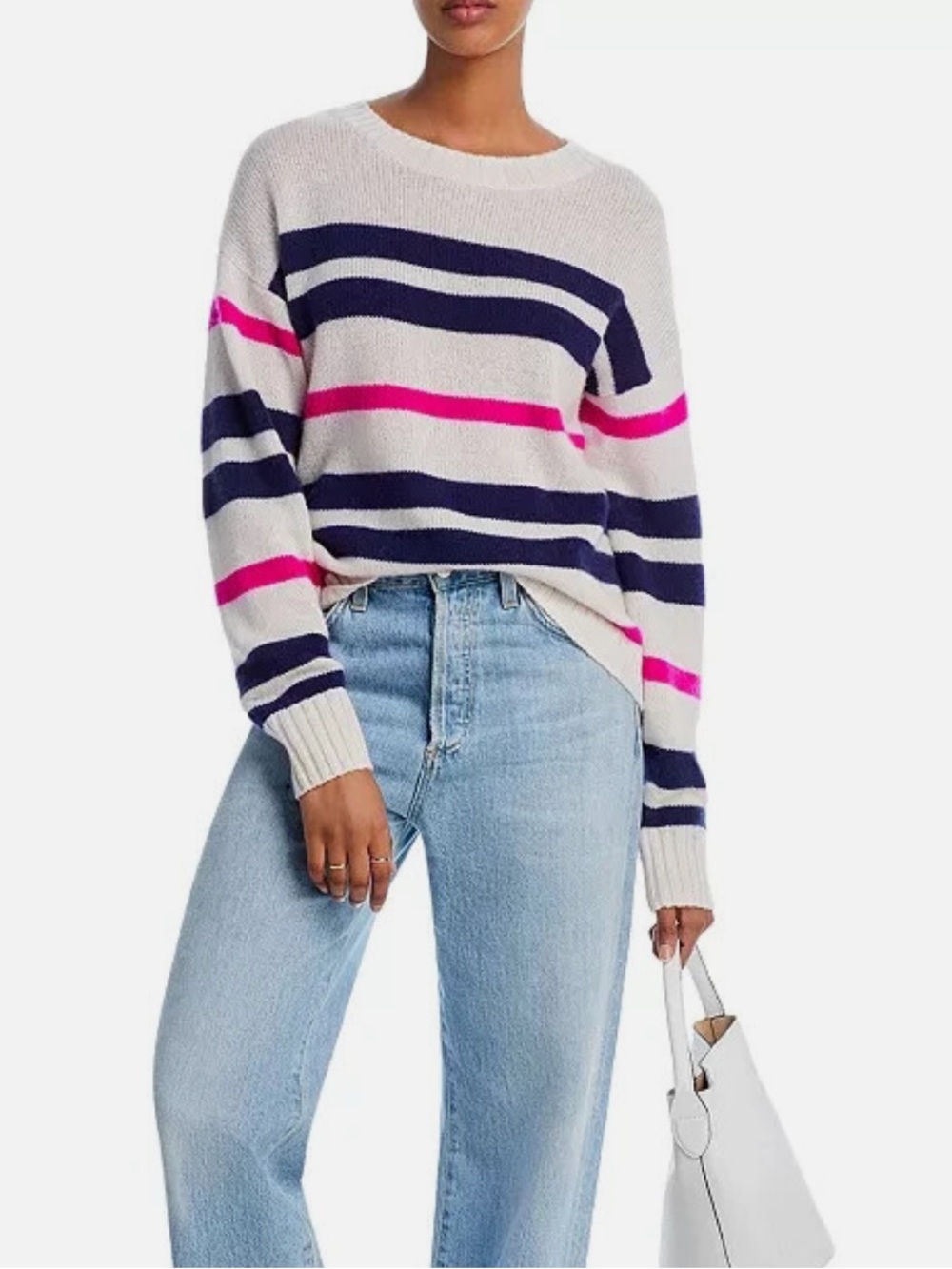 Aqua 100% Cashmere Multi Stripe Crewneck Cashmere Sweater